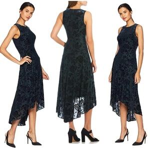 Vince Camuto Burnout Green Navy Velvet Highlow Dress sleeveless cocktail party
